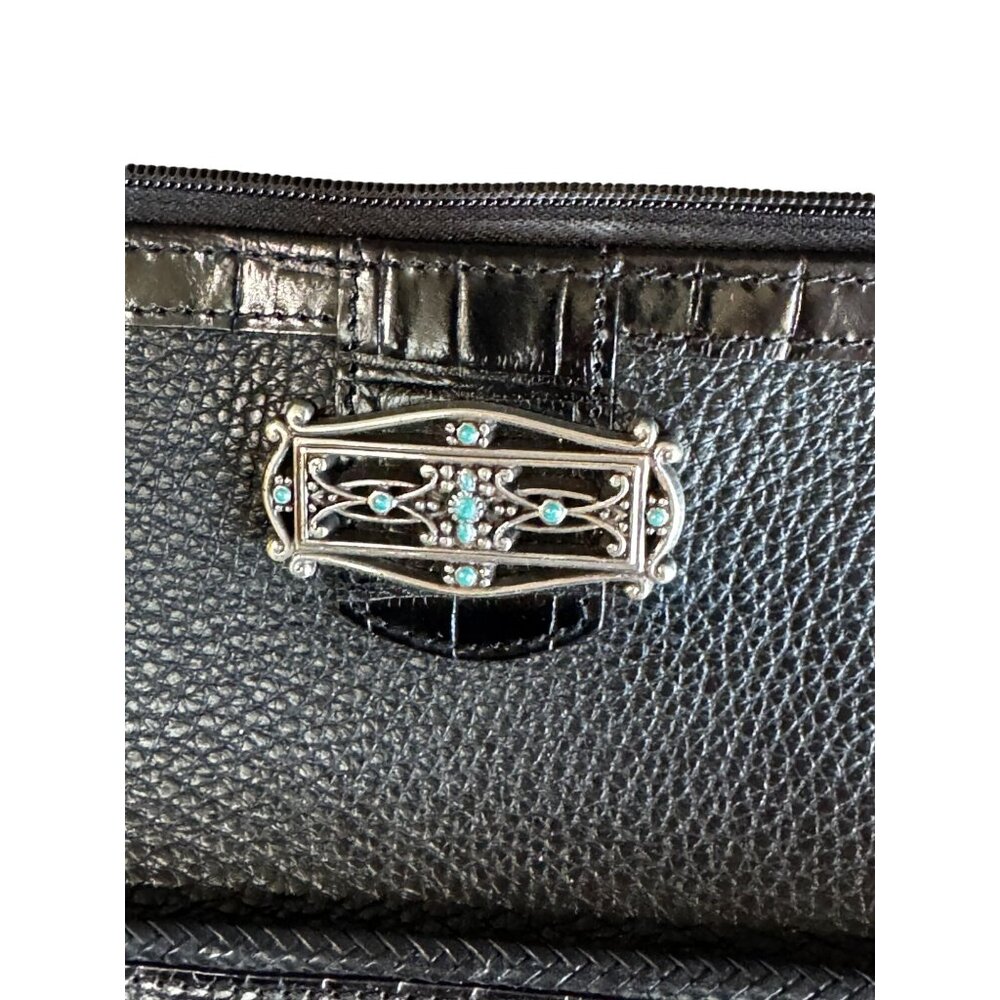 Brighton Black Leather Shoulder Bag 9" x 5" Turquoise Accent Medallion Croc Trim - Picture 6 of 8